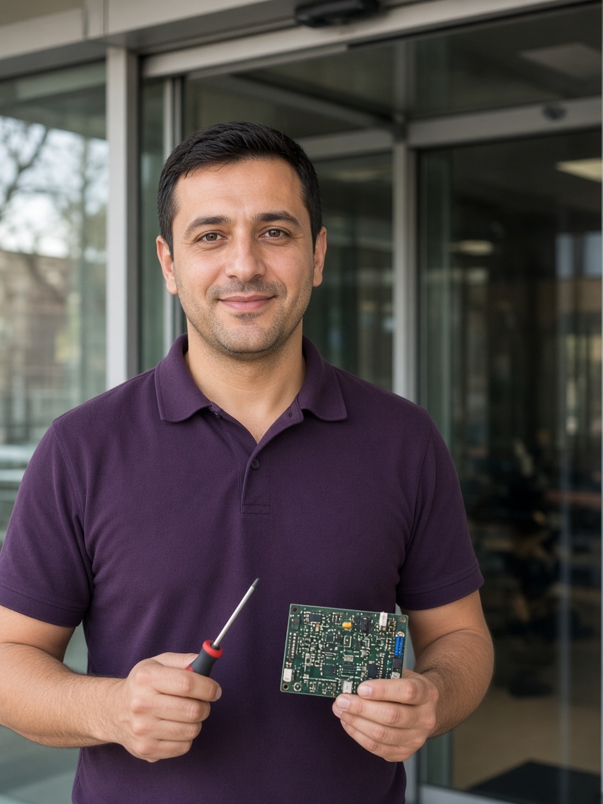 Fotosel Otomatik Kapı teknisyeni kapının kontrol kartını ayarlarken